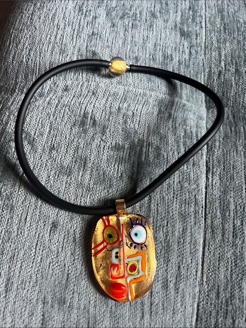 Gold Abstract Face Pendant Necklace with Black Cord